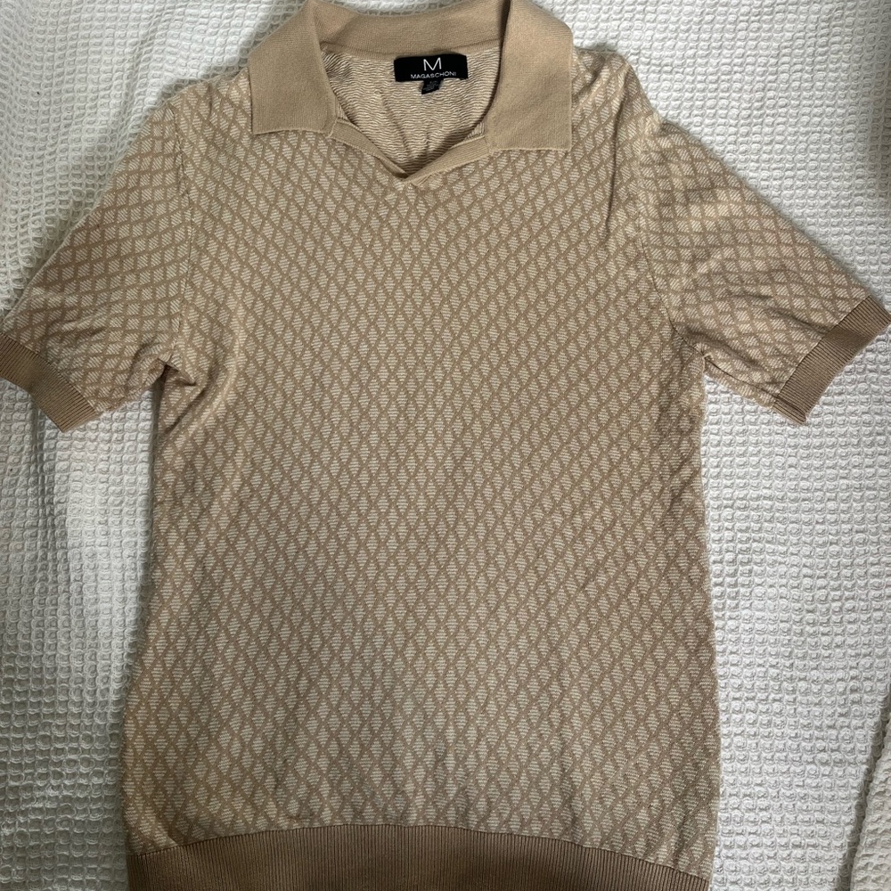 Magaschoni Beige Diamond-Pattern Short-Sleeve Polo